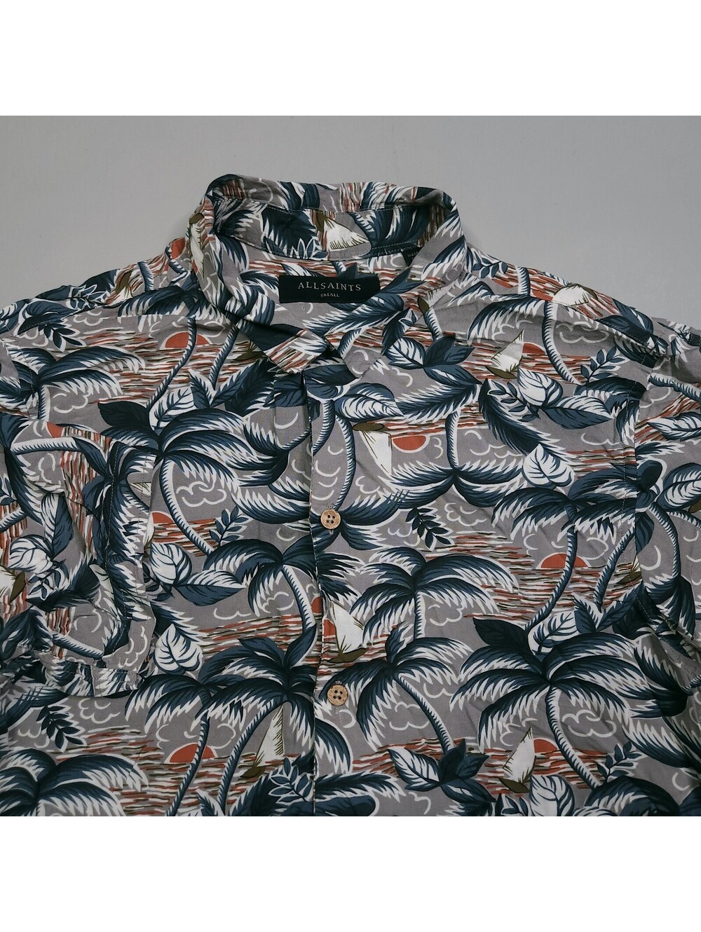 AllSaints Venuatu Short Sleeve Hawaiian Shirt Palm Tree Sunset AOP Designer S